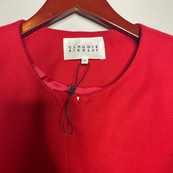 Claudie Pierlot red collarless full zip coat jacket ruffle shoulder 38 US 6 - Picture 8 of 10